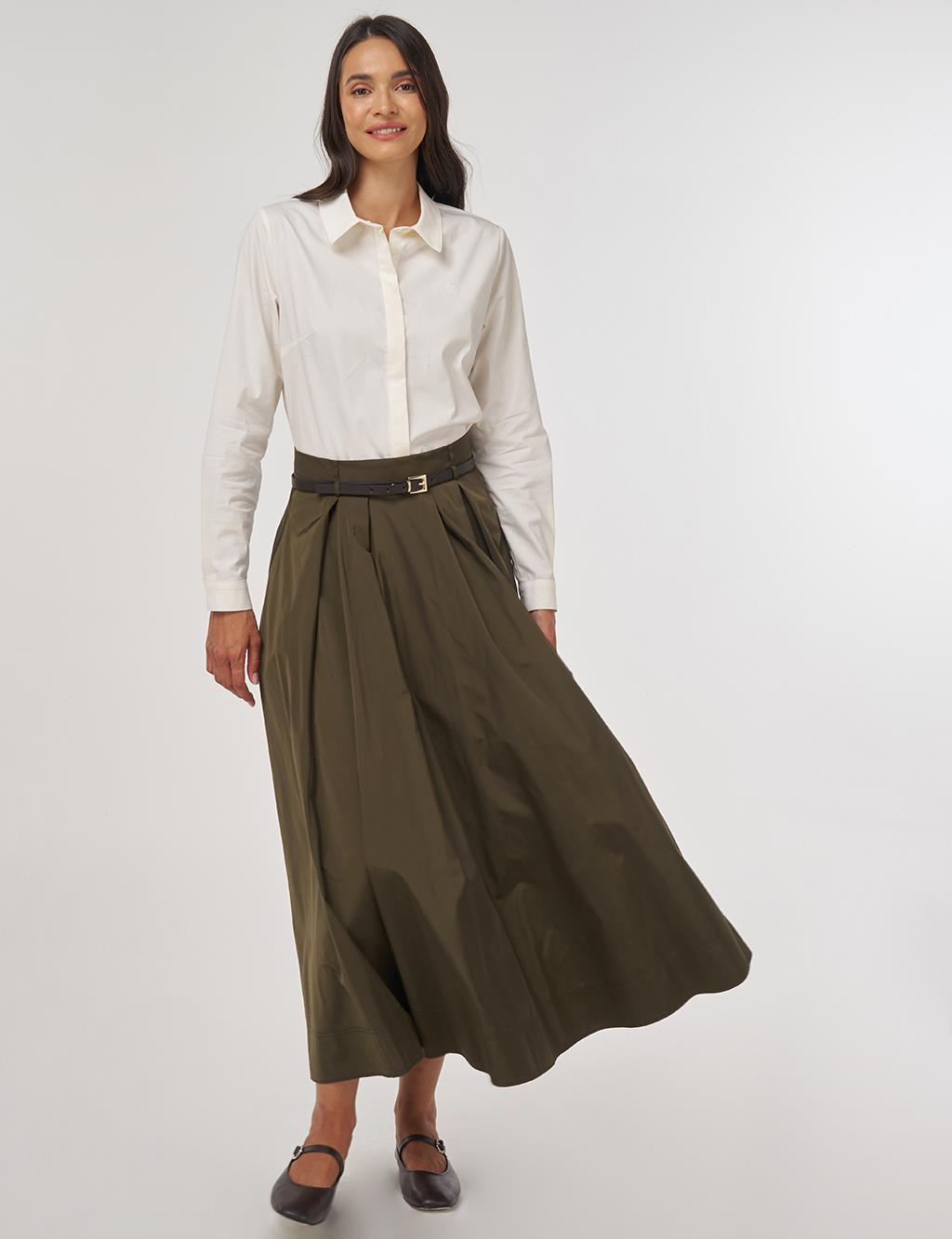 Belted Flared Skirt Bronze Khaki
