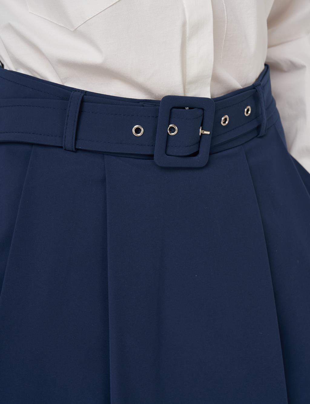 Belted Flared Skirt Dark Navy