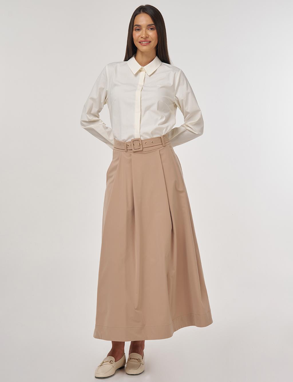 Belted Flared Skirt Beige