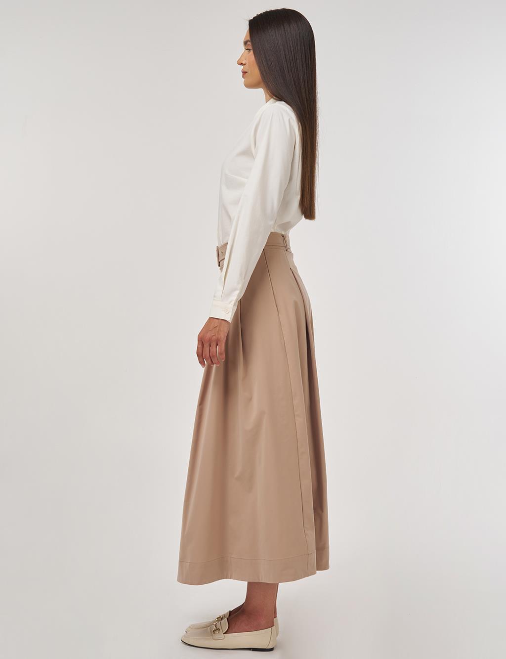 Belted Flared Skirt Beige