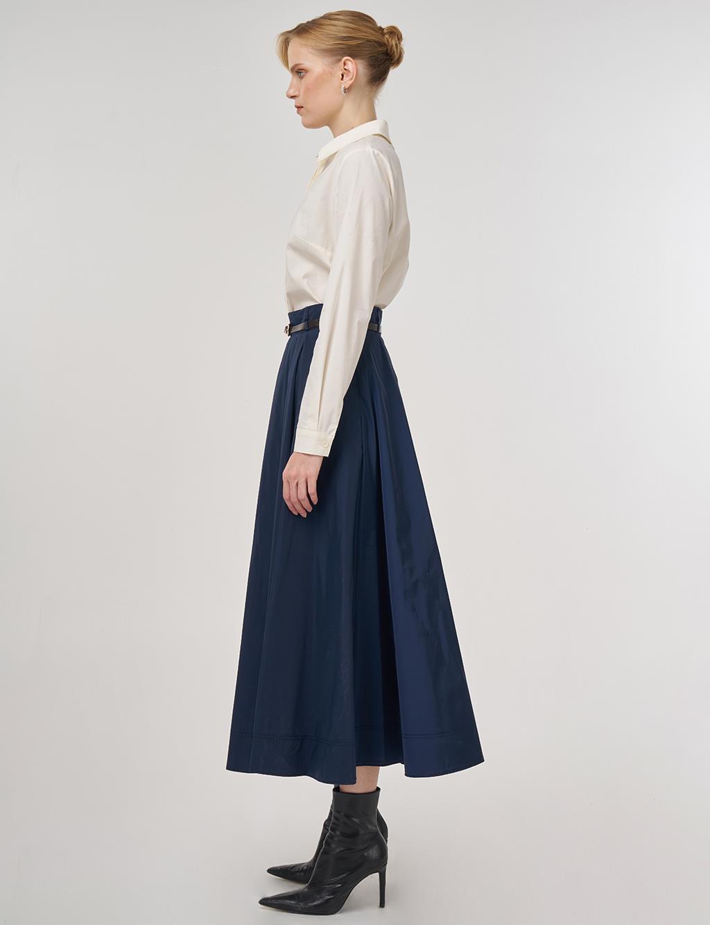Belted Flared Skirt Dark Navy