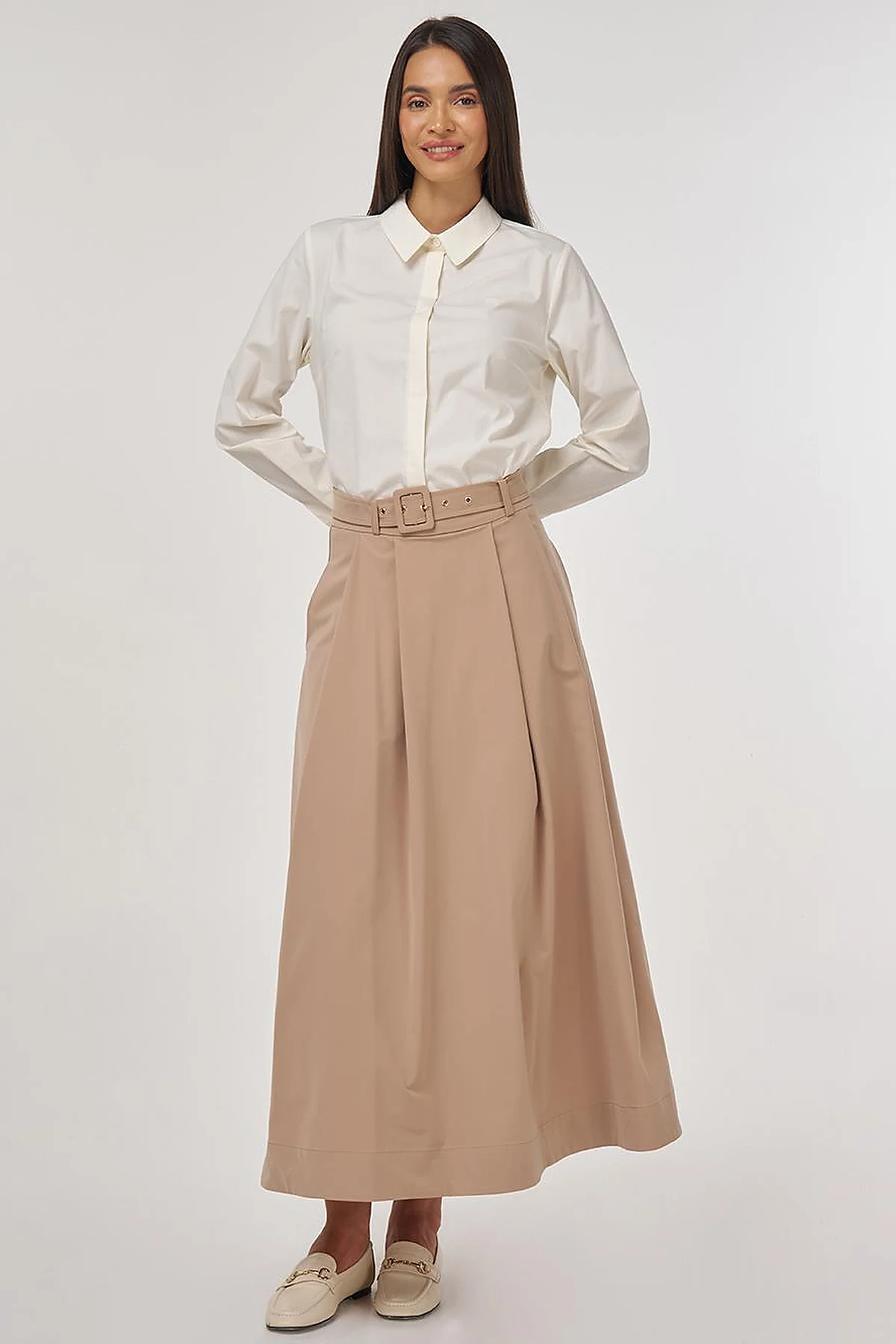 Belted Flared Skirt Beige