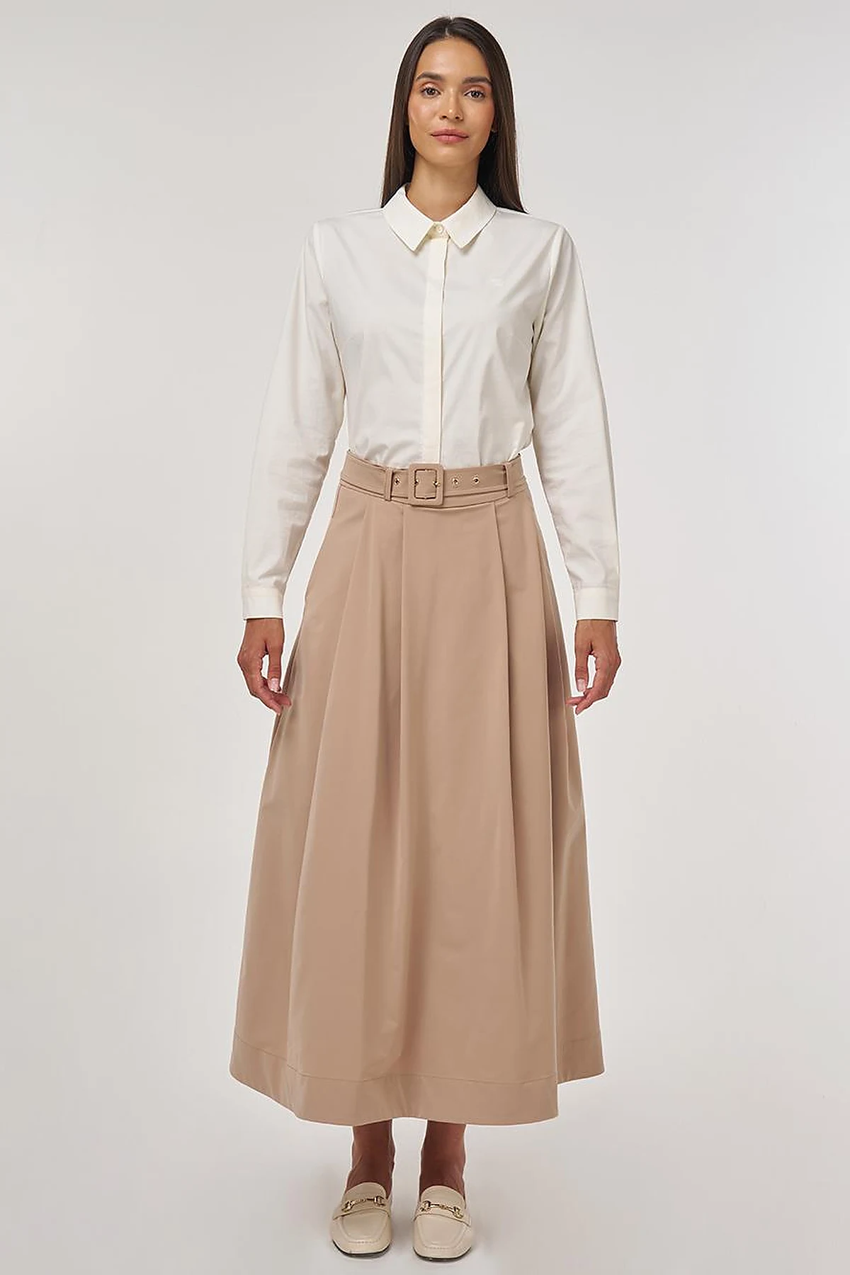 Belted Flared Skirt Beige