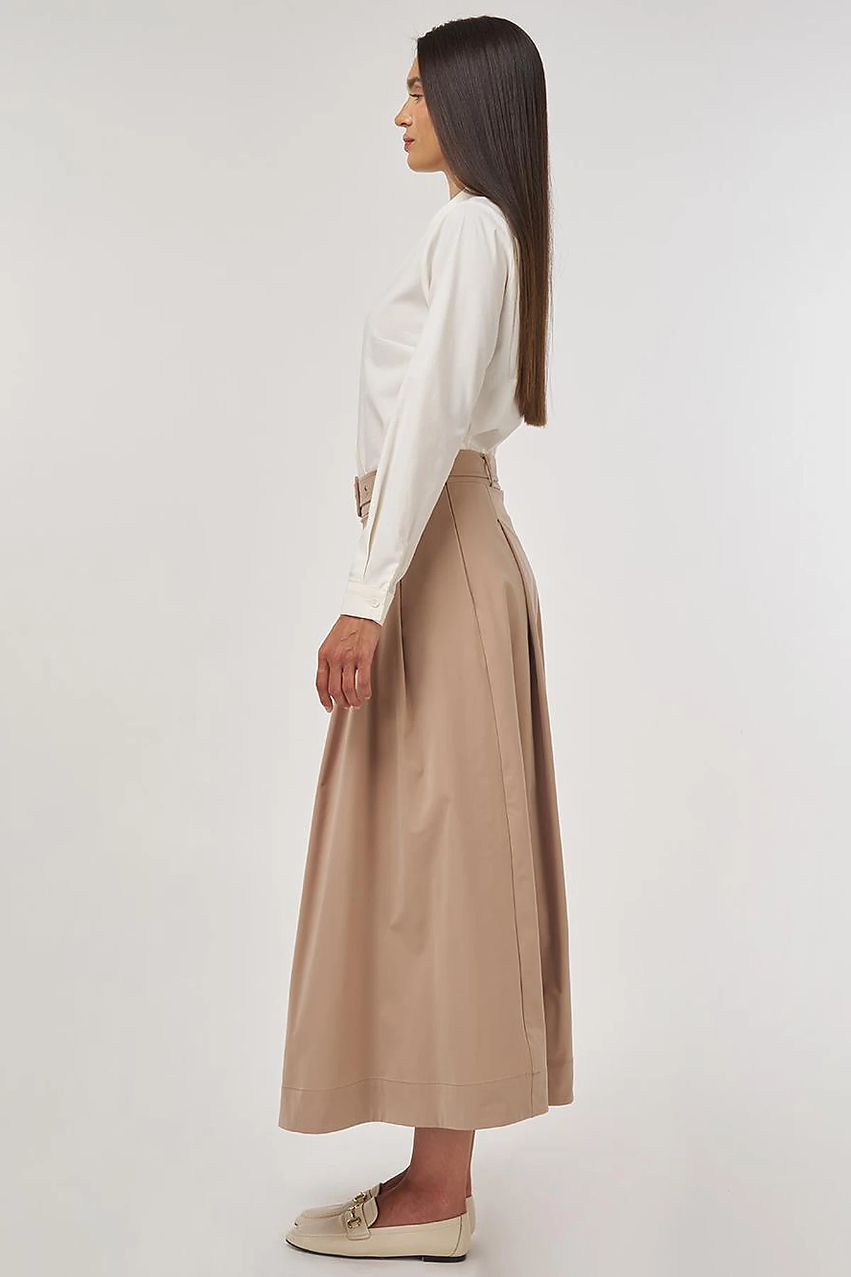 Belted Flared Skirt Beige