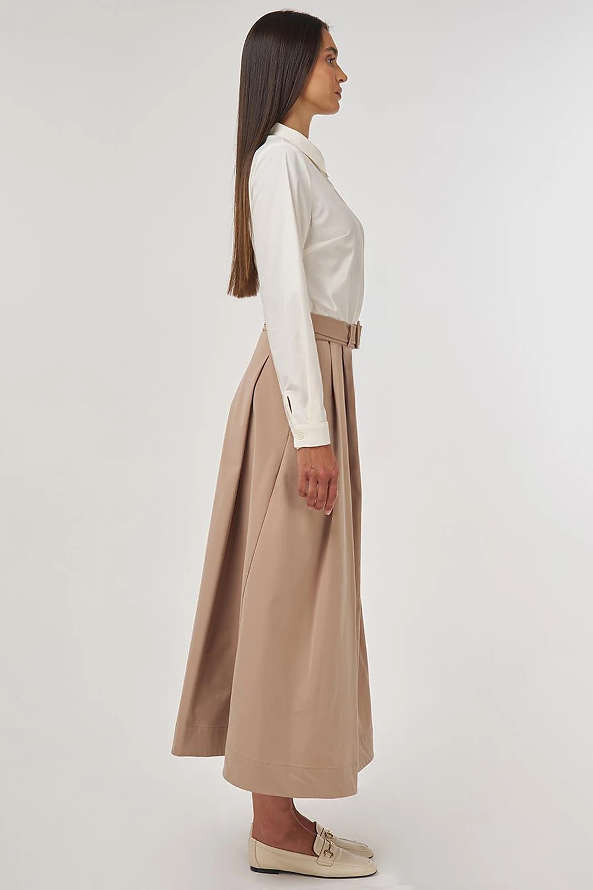 Belted Flared Skirt Beige