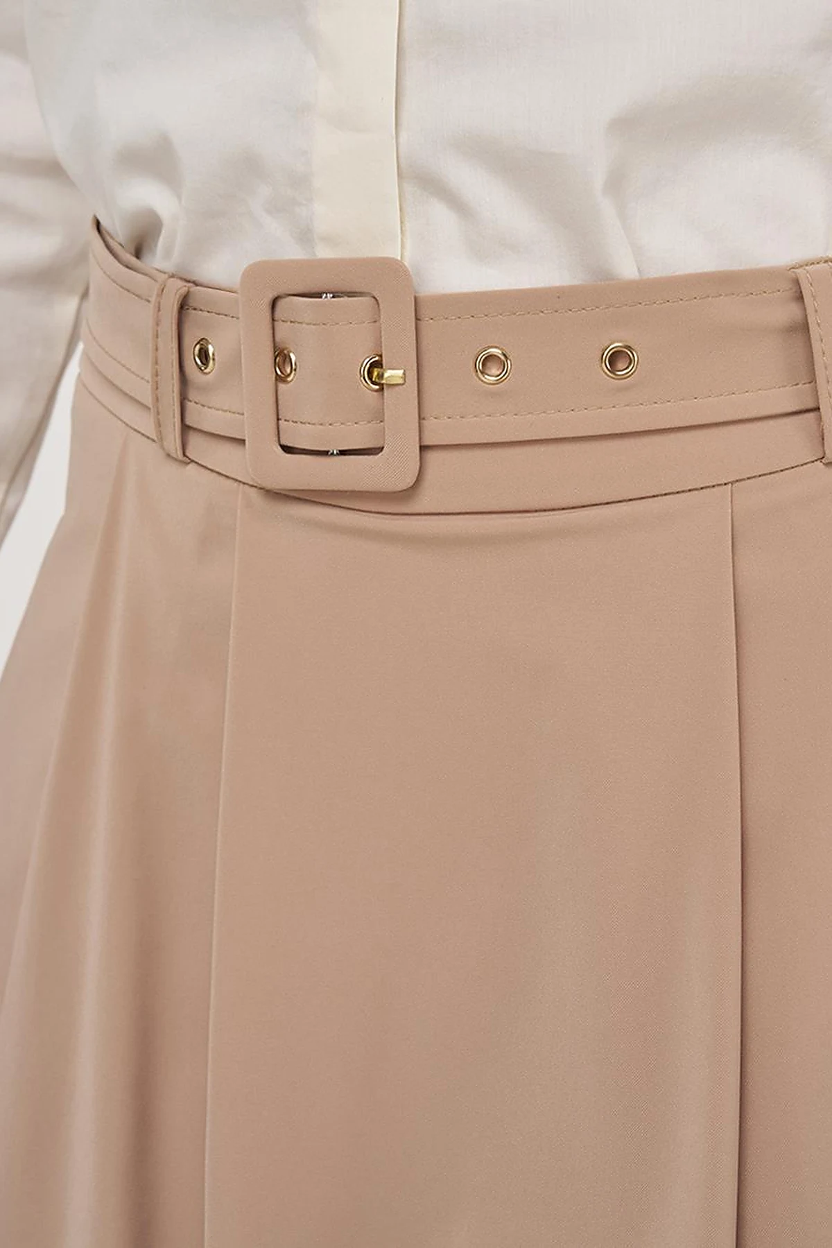 Belted Flared Skirt Beige