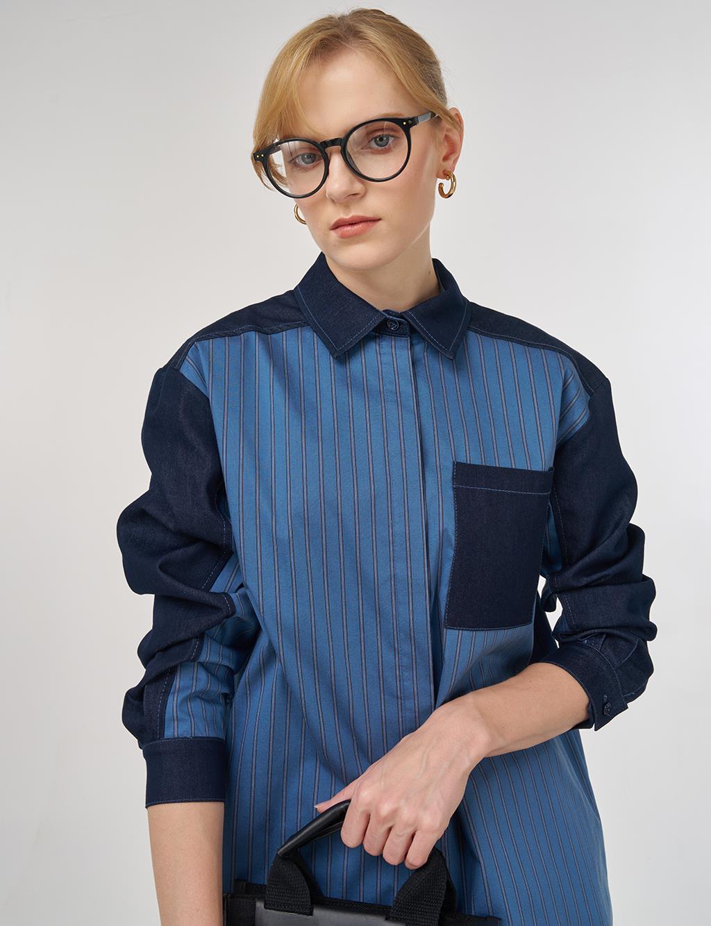 Denim-Trimmed Cotton Tunic Indigo