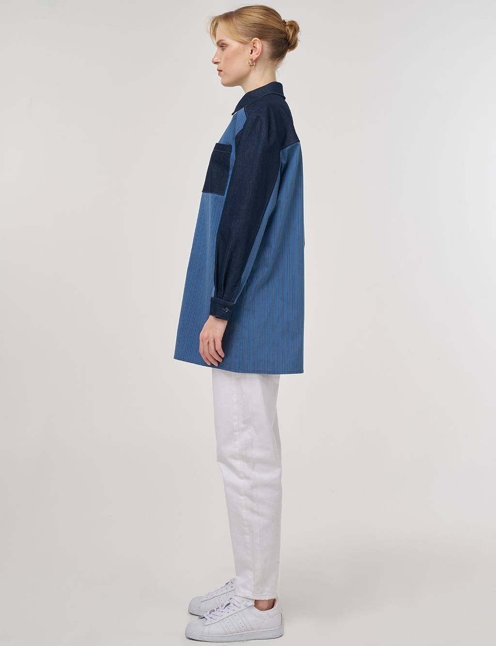 Denim-Trimmed Cotton Tunic Indigo