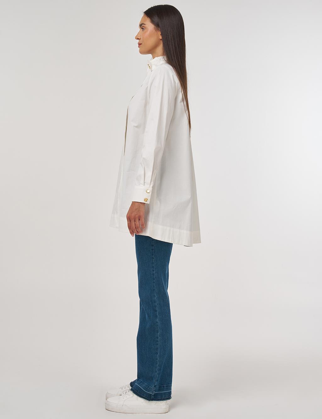 Shiny Buttoned Cotton Tunic Ecru