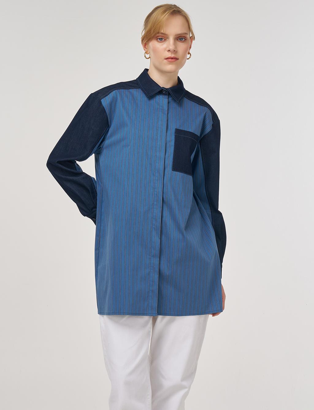 Denim-Trimmed Cotton Tunic Indigo