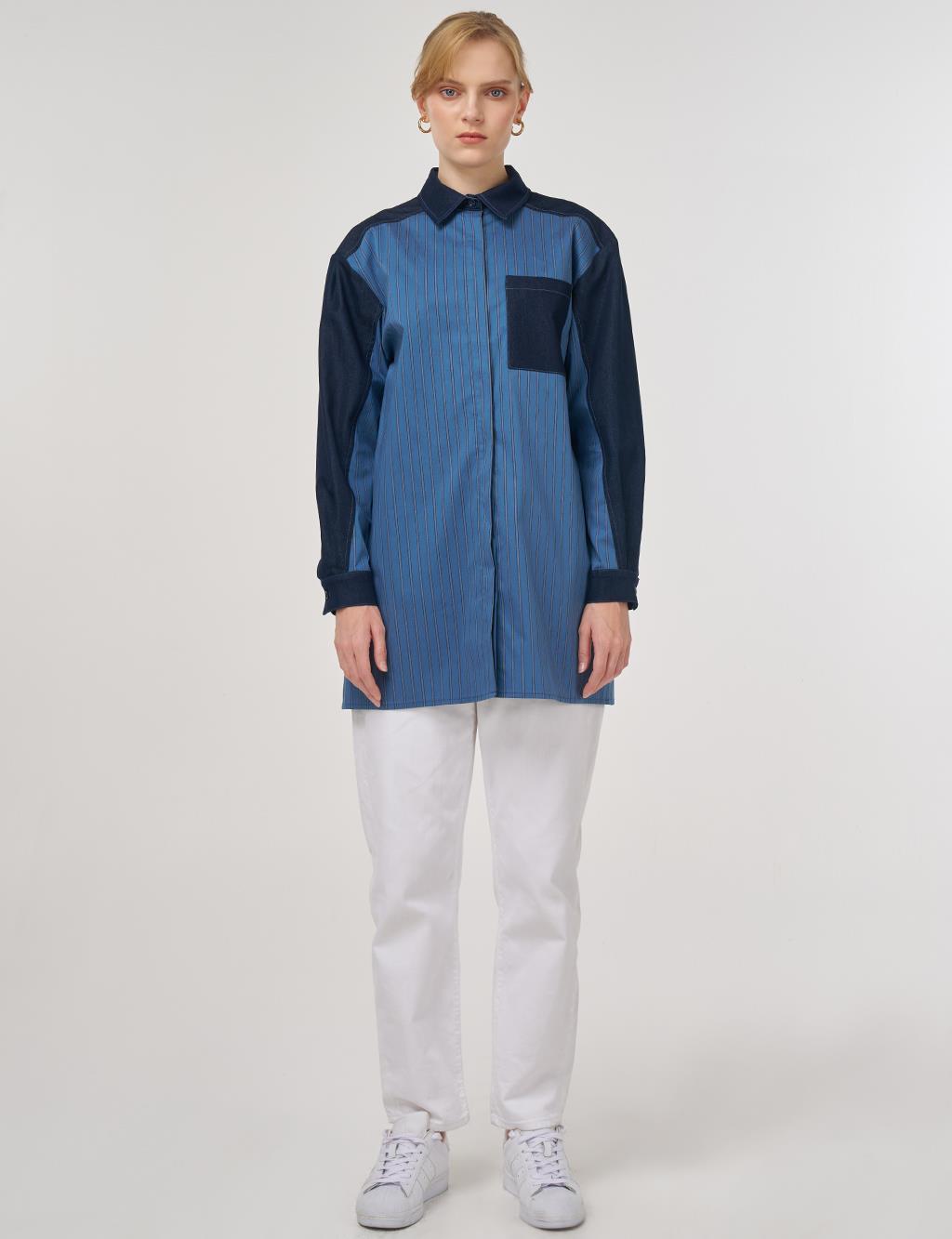 Denim-Trimmed Cotton Tunic Indigo