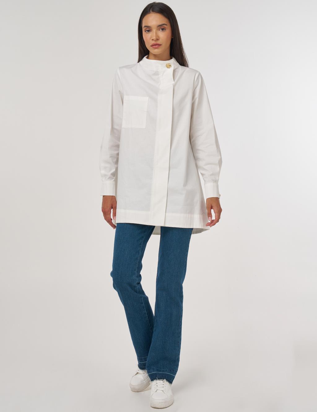 Shiny Buttoned Cotton Tunic Ecru