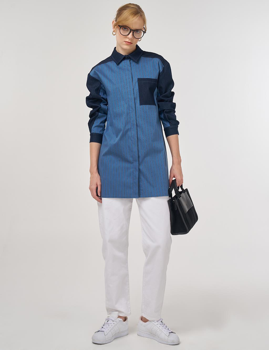 Denim-Trimmed Cotton Tunic Indigo