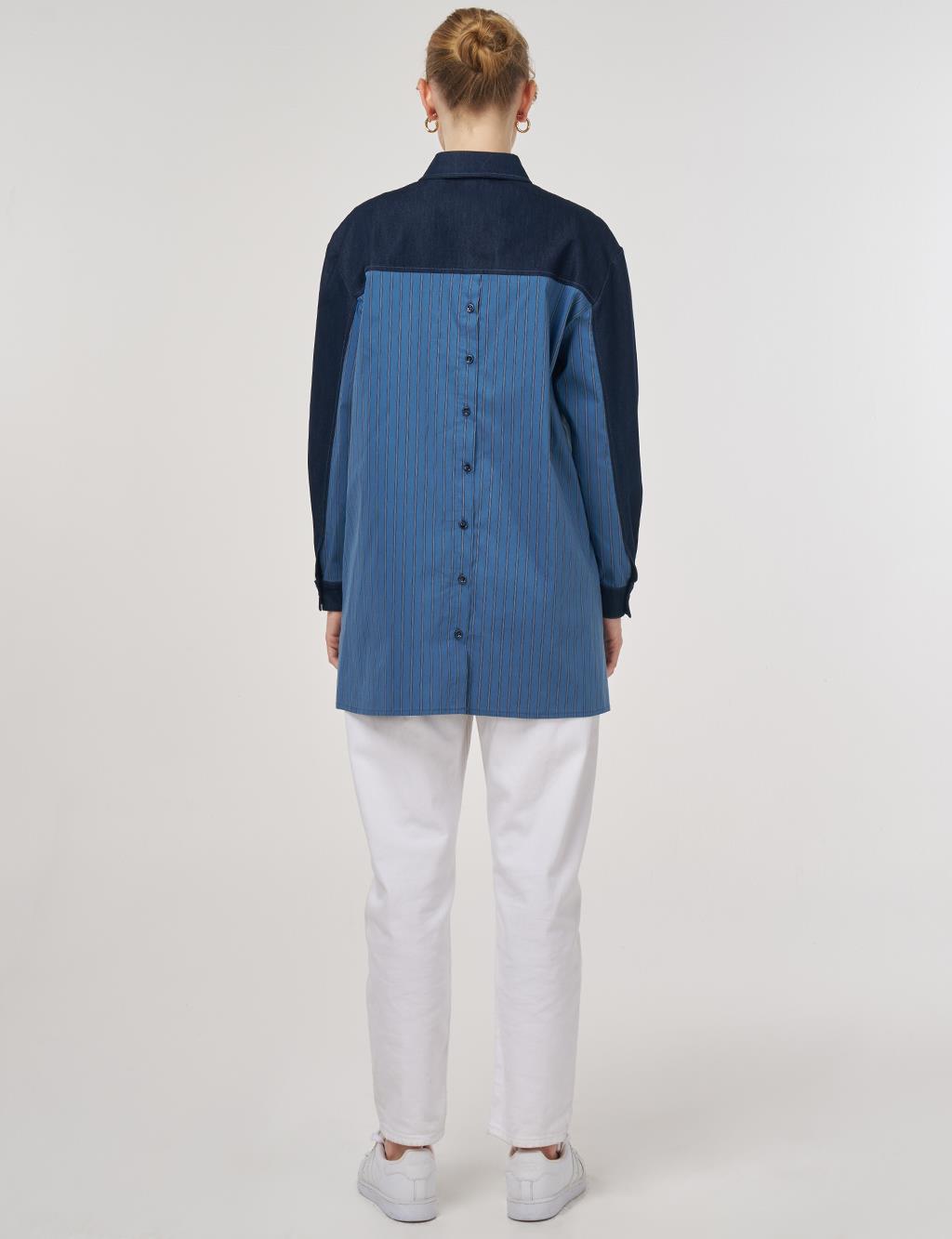 Denim-Trimmed Cotton Tunic Indigo