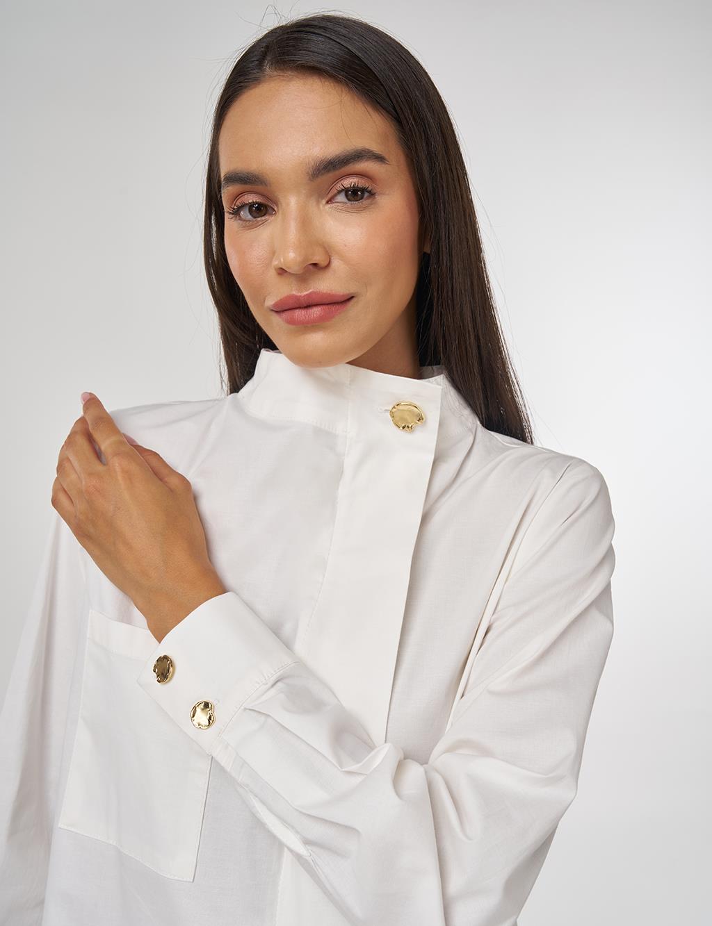 Shiny Buttoned Cotton Tunic Ecru