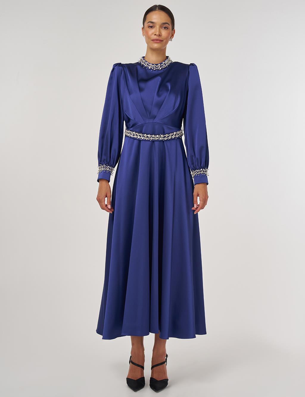 Draped Embroidered Satin Dress Navy 