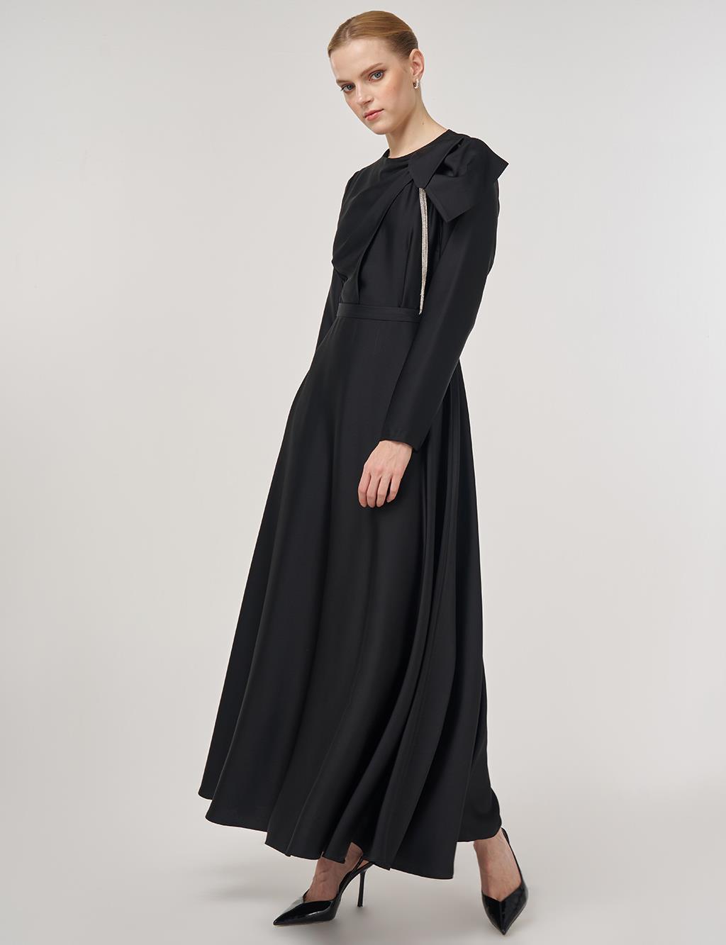 Embroidered Satin Dress Black