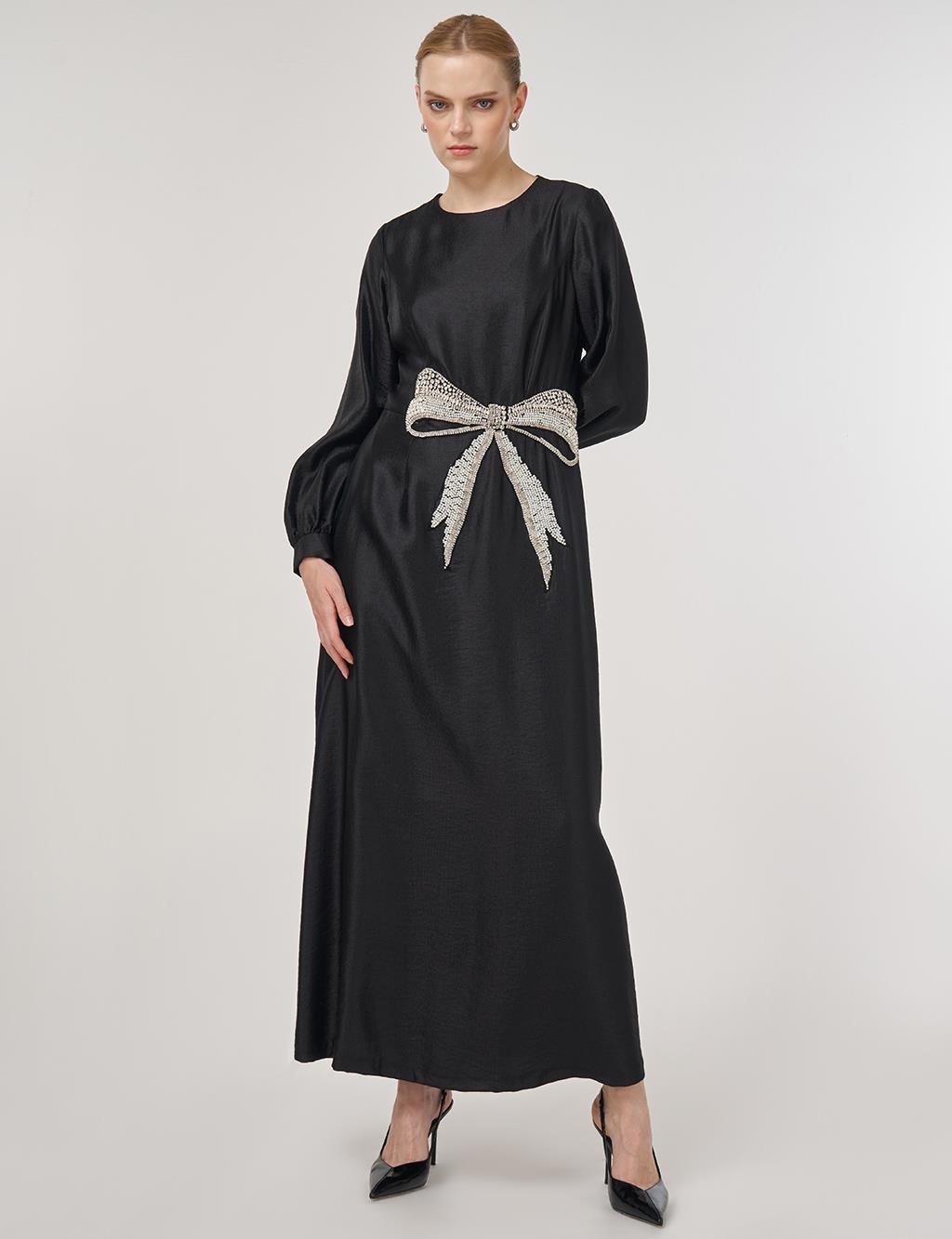 Boncuk İşlemeli Saten Şık Elbise Siyah