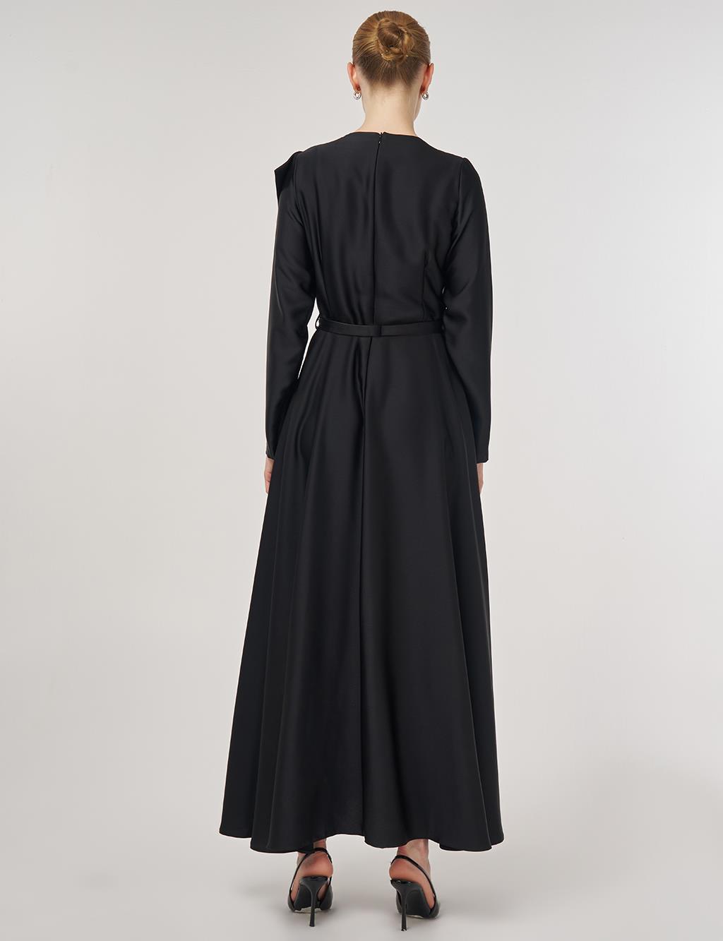 Embroidered Satin Dress Black