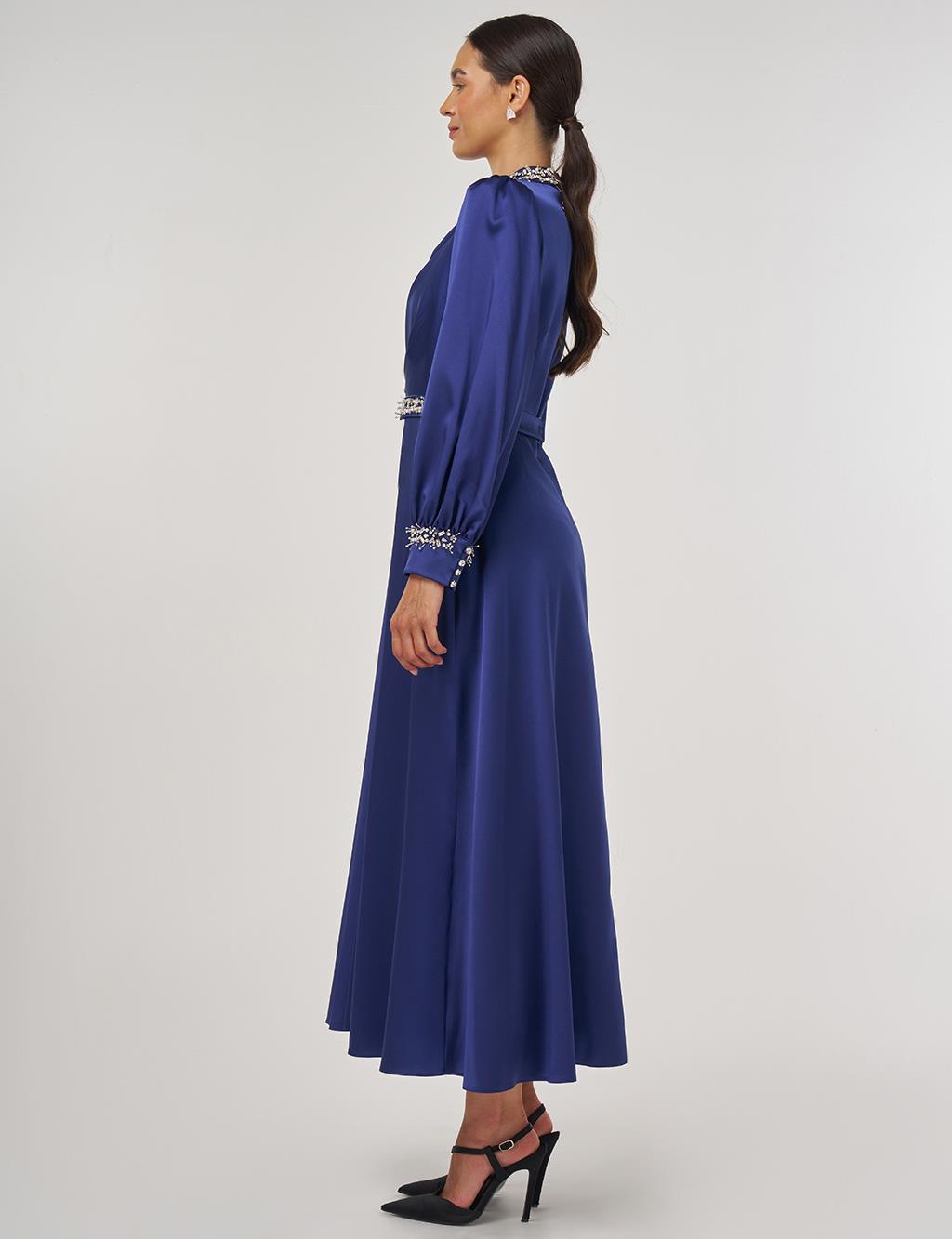 Draped Embroidered Satin Dress Navy 