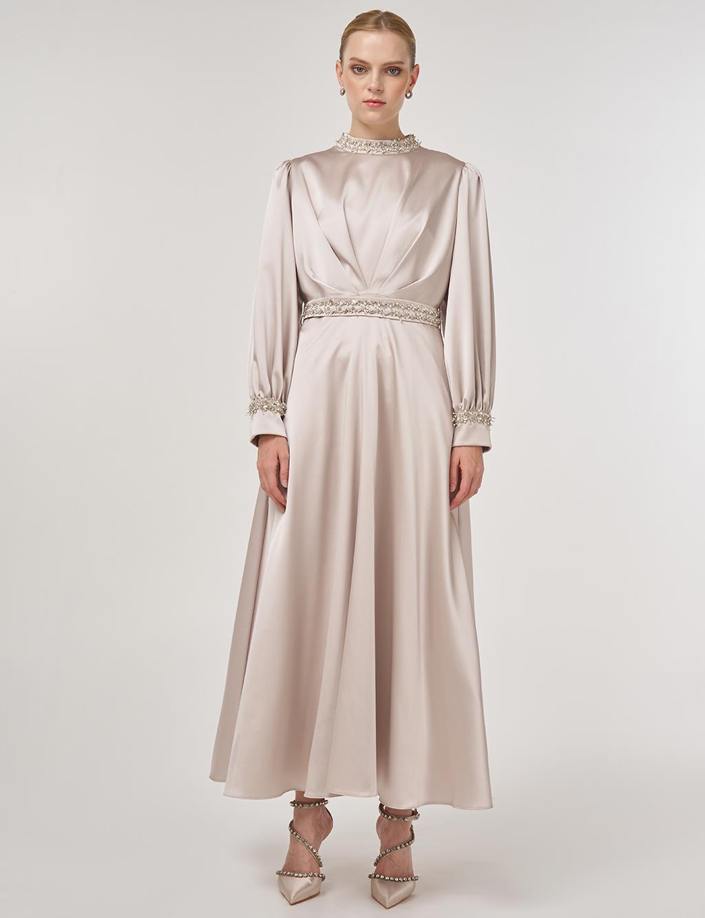 Draped Embroidered Satin Dress Stone