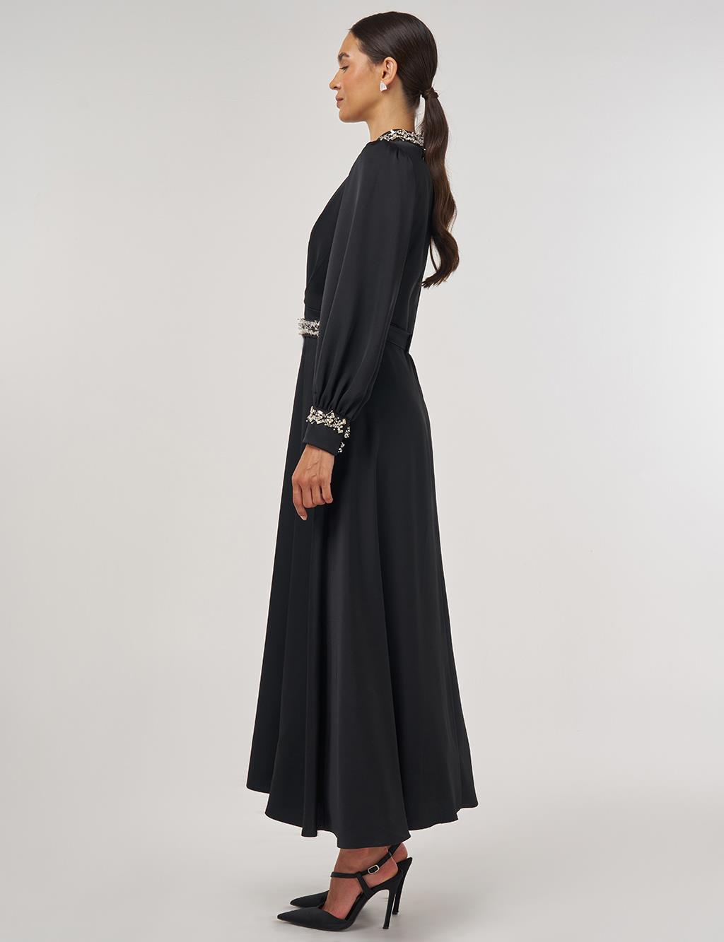 Draped Embroidered Satin Dress Black