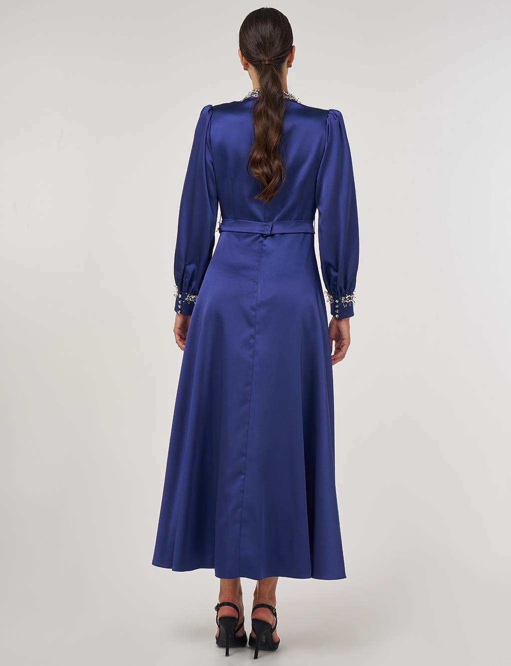 Draped Embroidered Satin Dress Navy 
