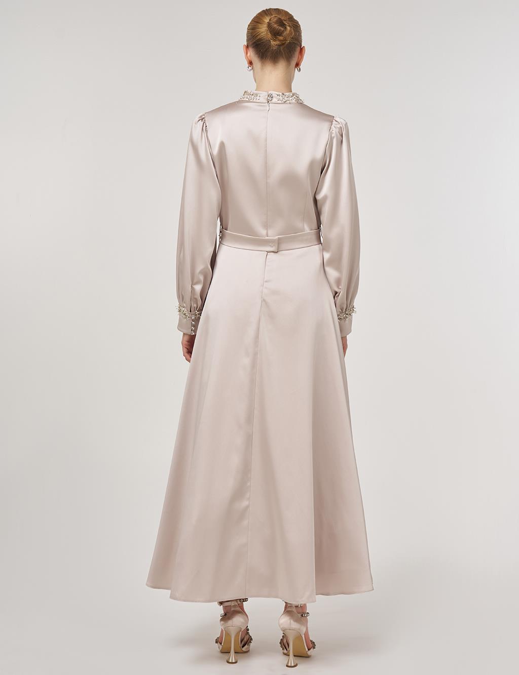 Draped Embroidered Satin Dress Stone