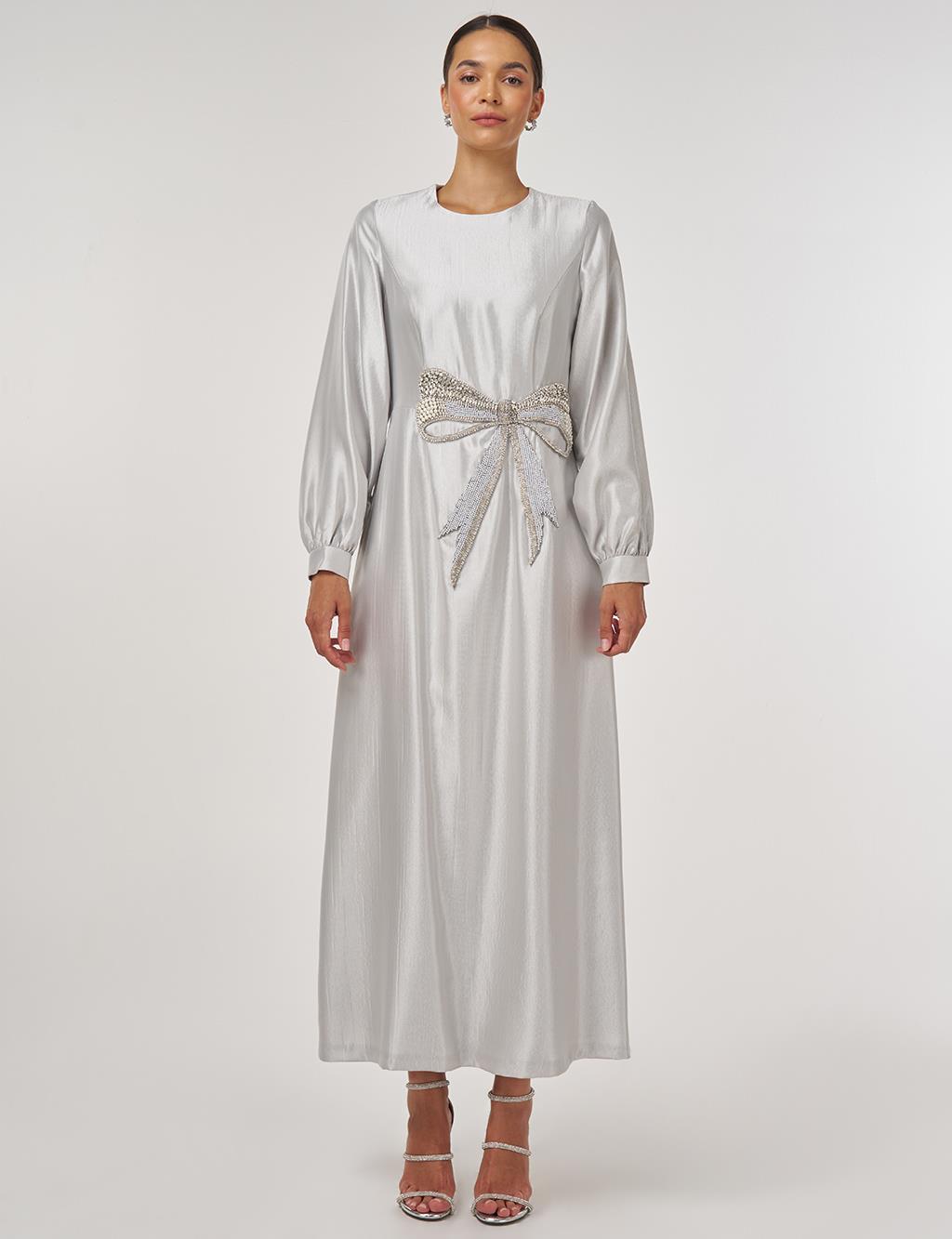 Beaded Satin Elegant Dress Gray