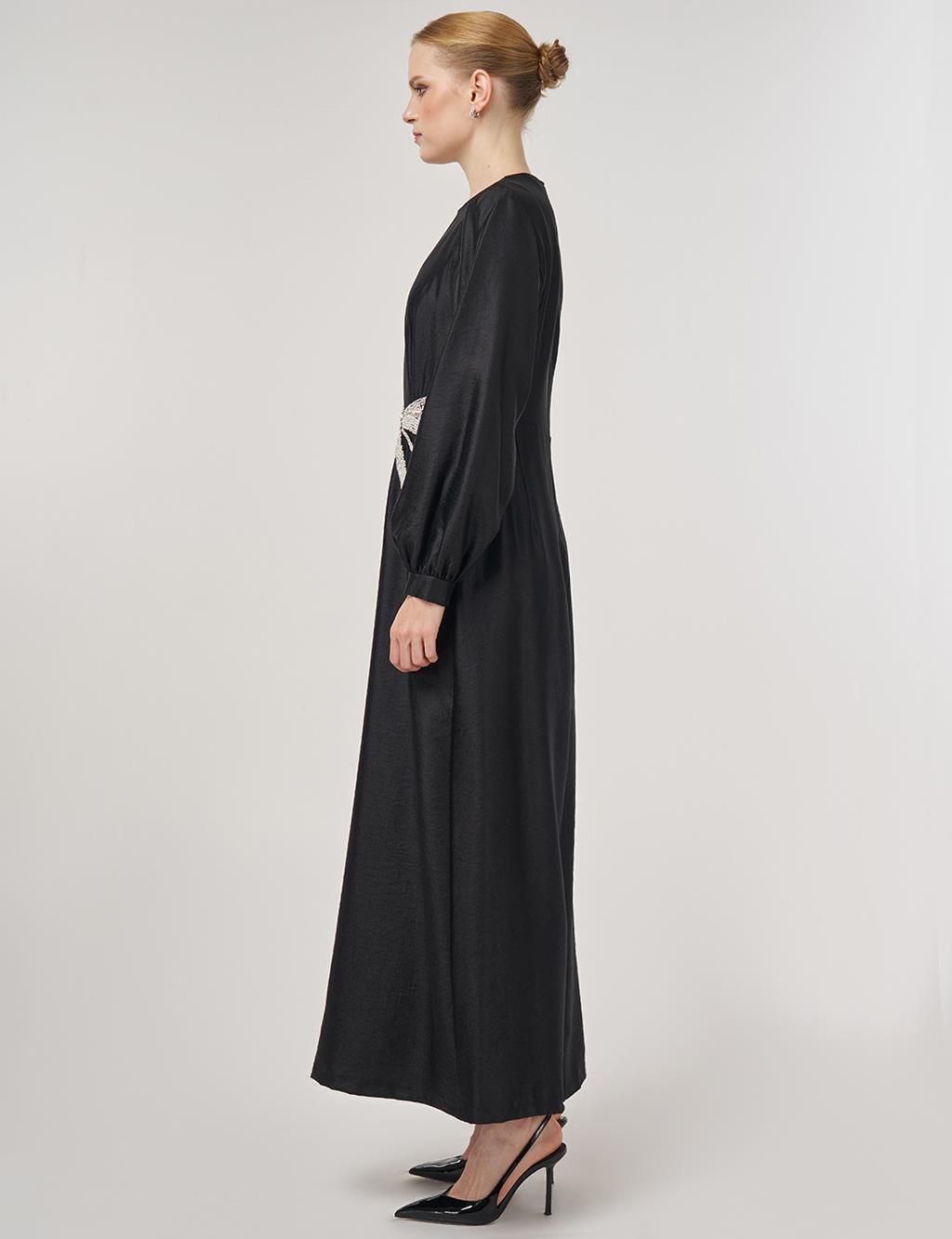 Boncuk İşlemeli Saten Şık Elbise Siyah