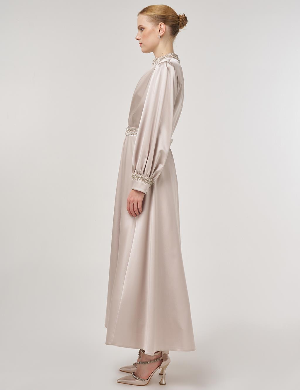 Draped Embroidered Satin Dress Stone
