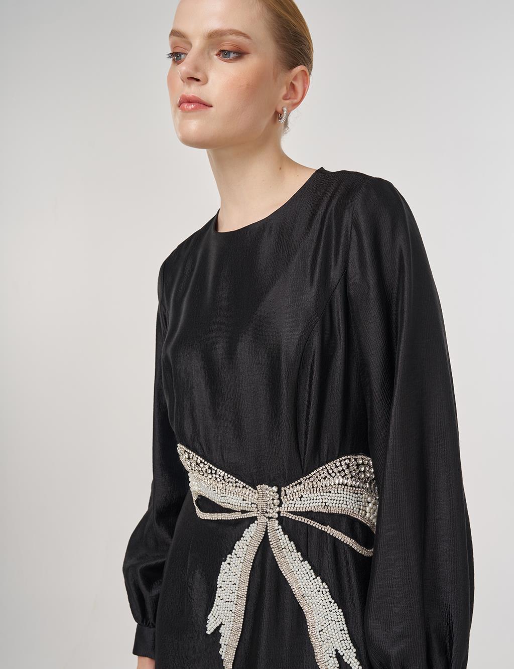 Boncuk İşlemeli Saten Şık Elbise Siyah