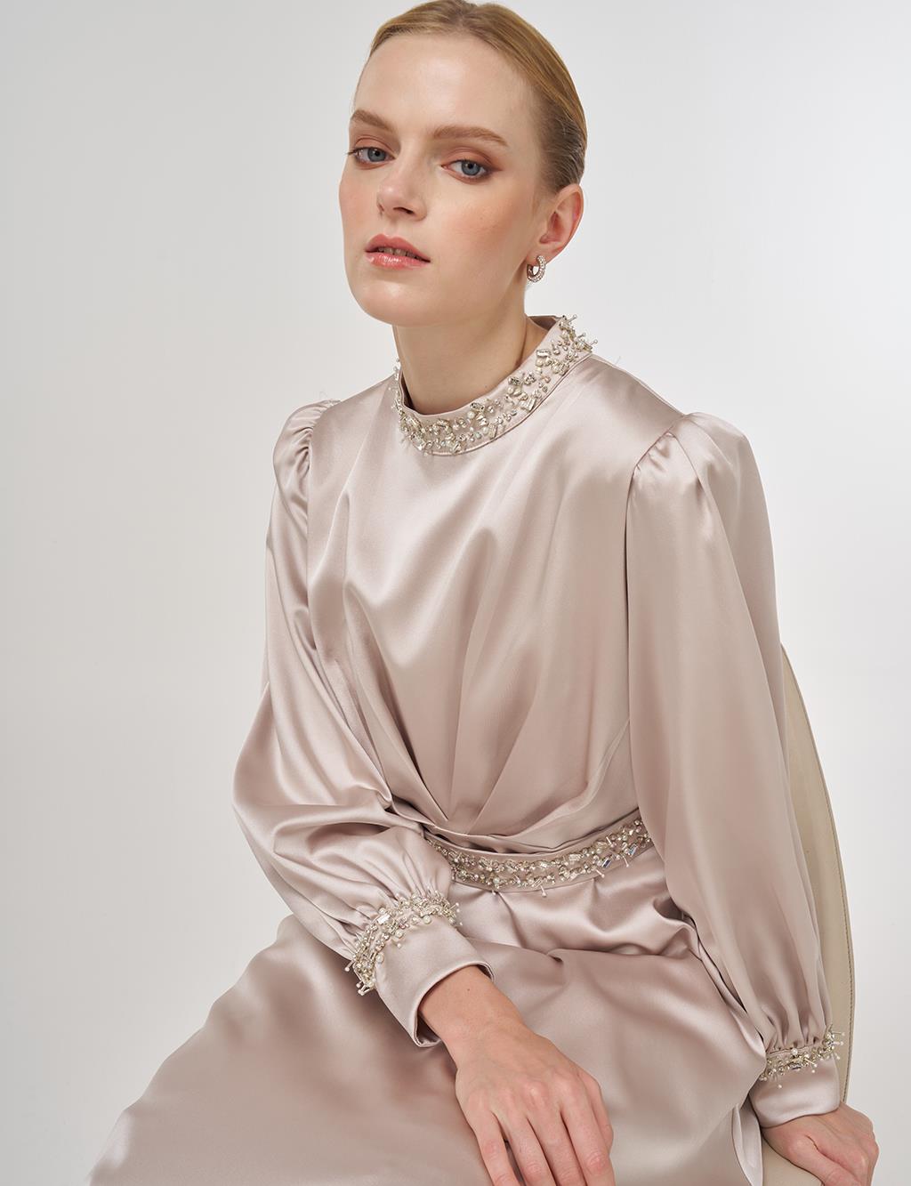 Draped Embroidered Satin Dress Stone