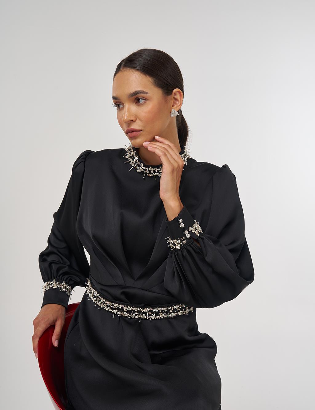 Draped Embroidered Satin Dress Black
