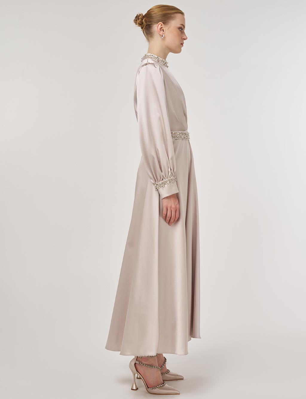 Draped Embroidered Satin Dress Stone