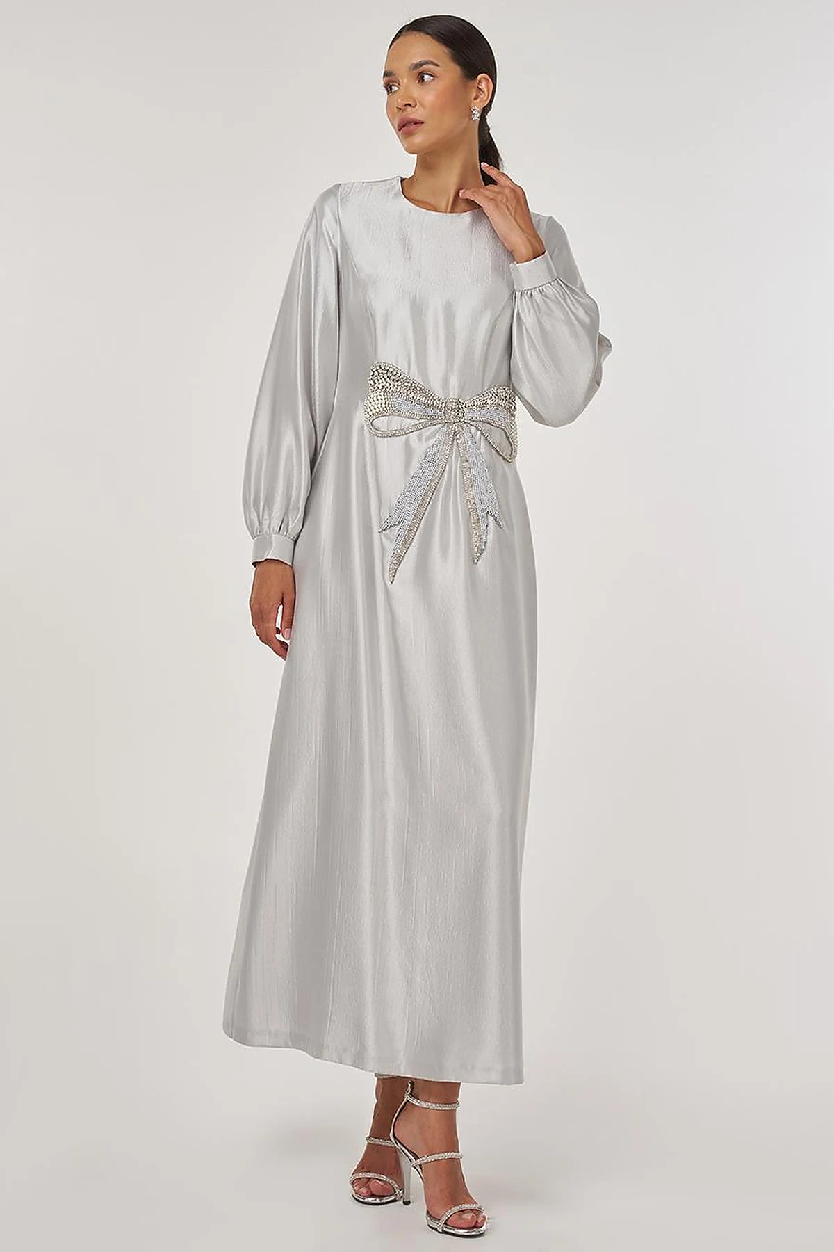 Beaded Satin Elegant Dress Gray