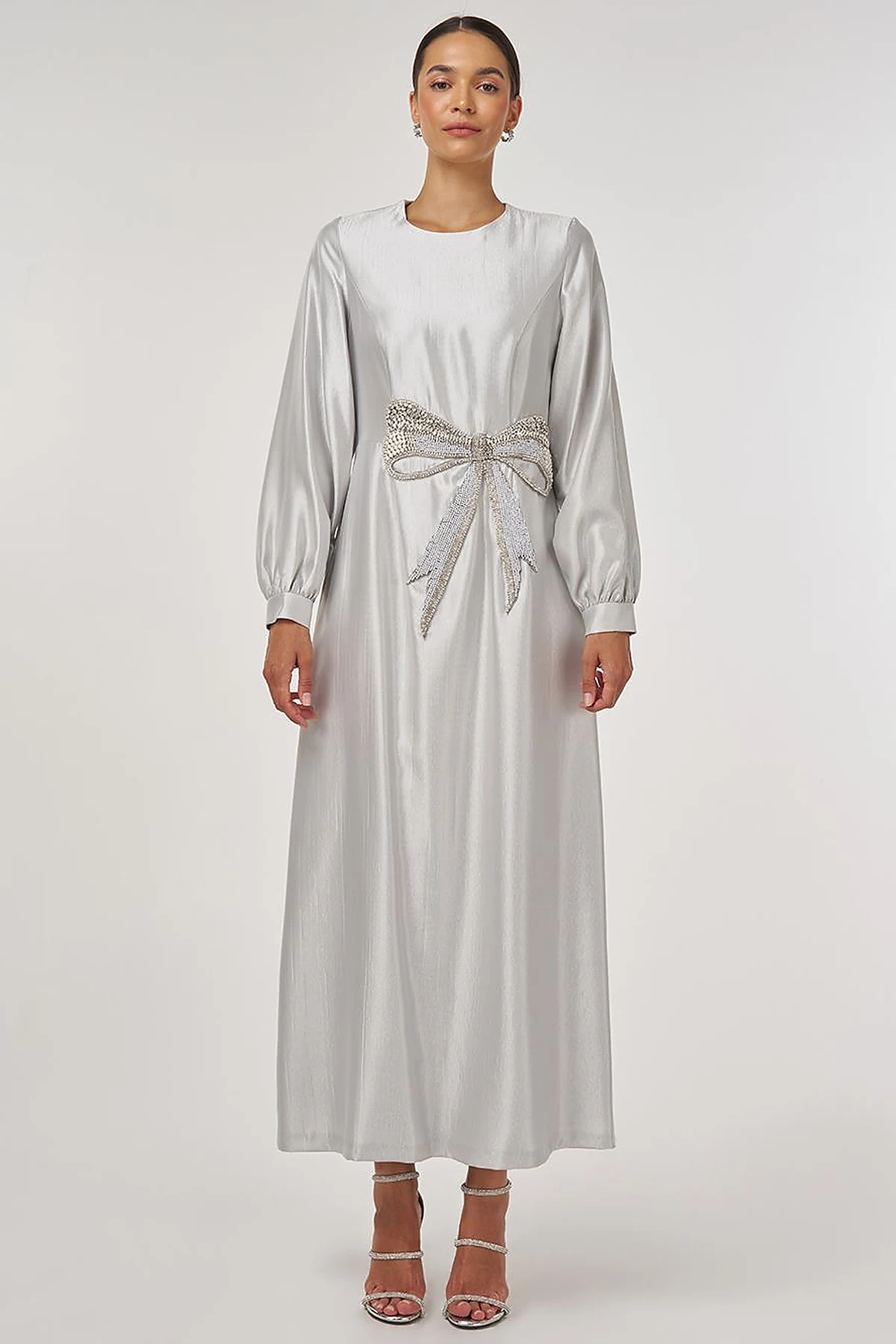 Beaded Satin Elegant Dress Gray