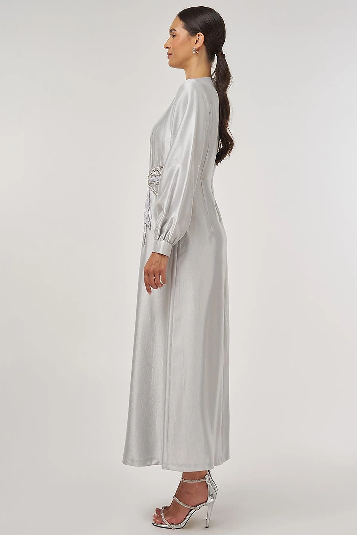 Beaded Satin Elegant Dress Gray