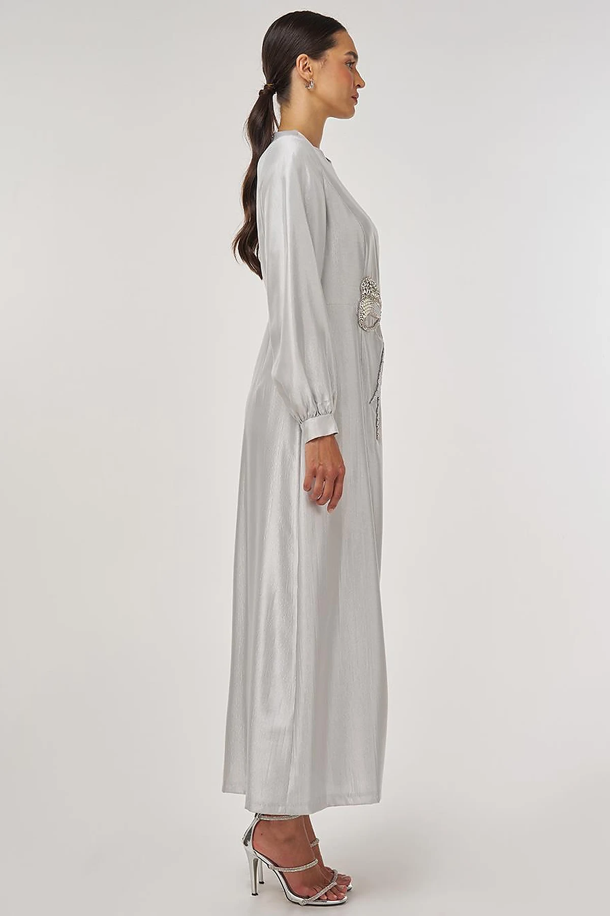 Beaded Satin Elegant Dress Gray