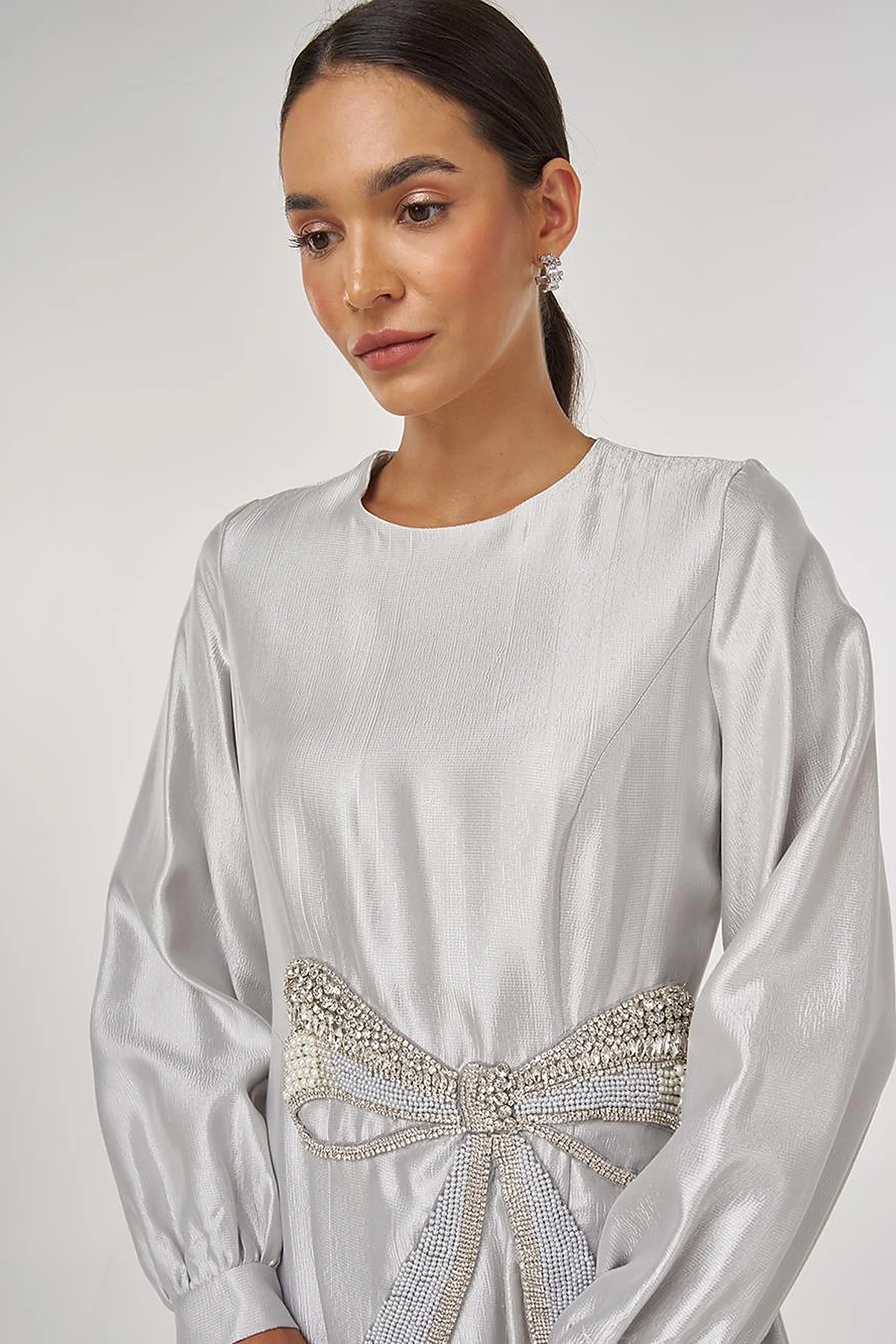 Beaded Satin Elegant Dress Gray