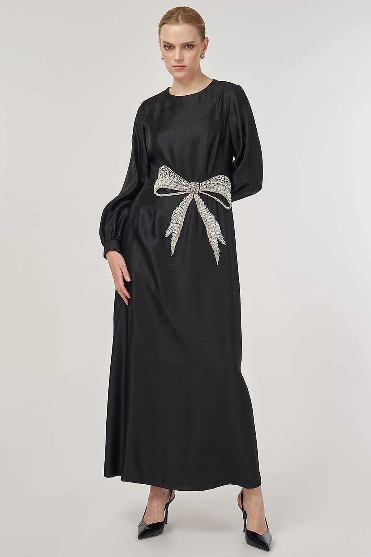 Beaded Satin Elegant Dress Black 