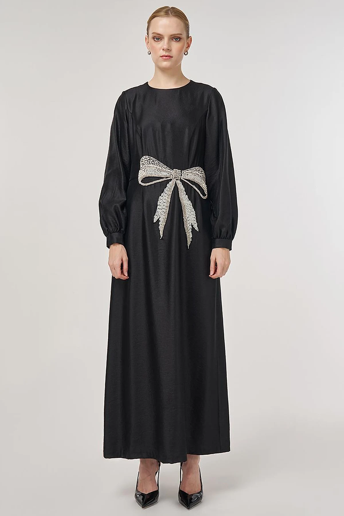 Beaded Satin Elegant Dress Black 