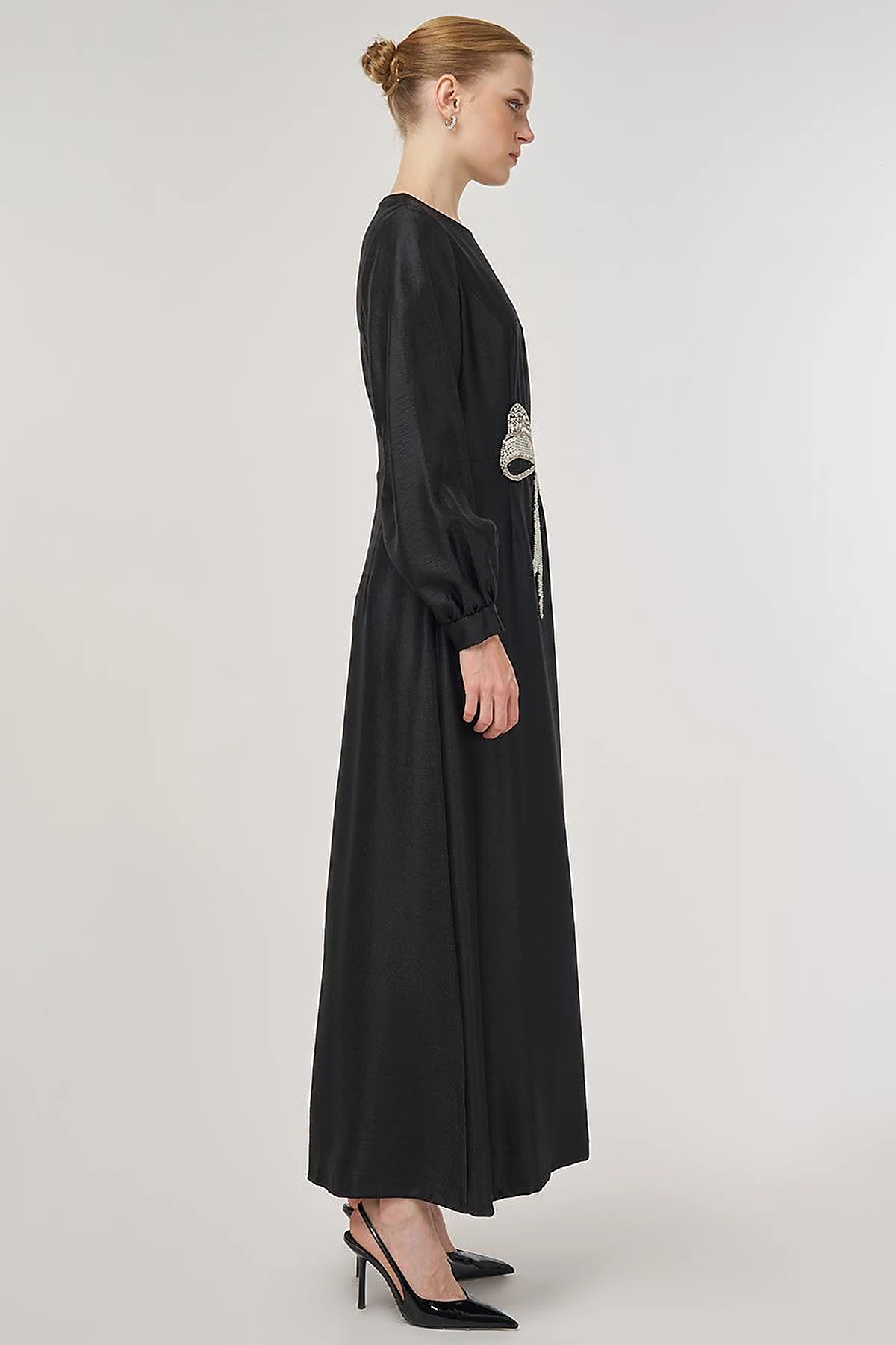 Beaded Satin Elegant Dress Black 