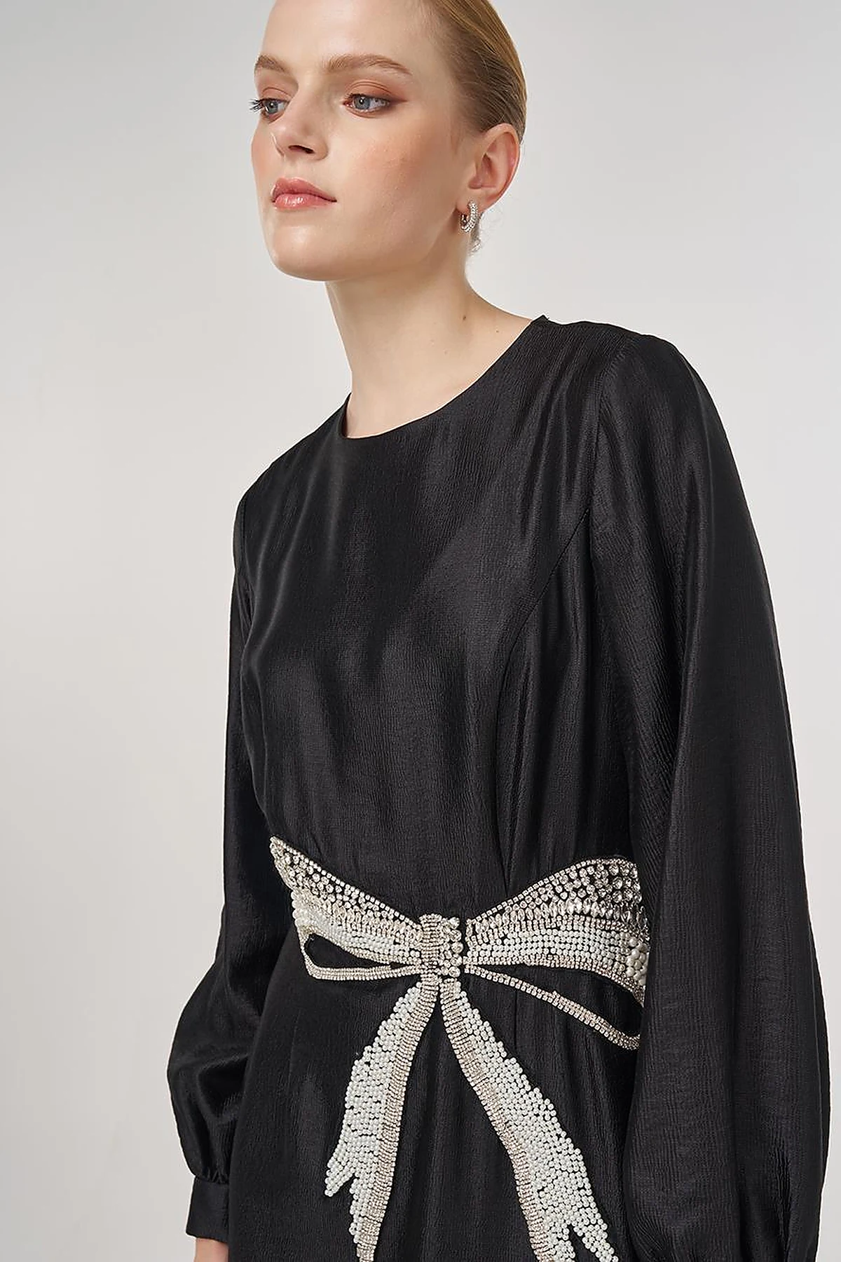 Beaded Satin Elegant Dress Black 