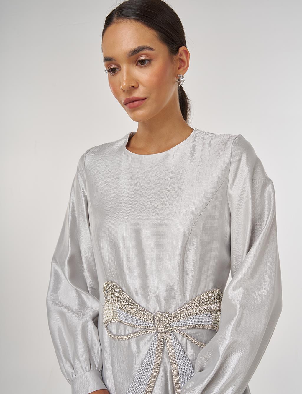 Beaded Satin Elegant Dress Gray