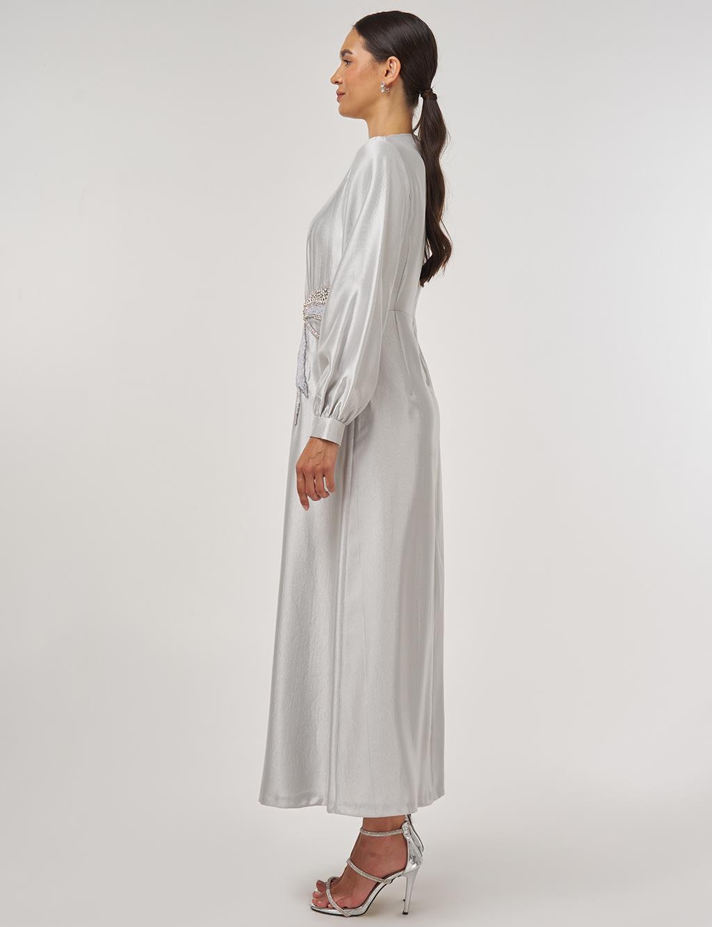 Beaded Satin Elegant Dress Gray