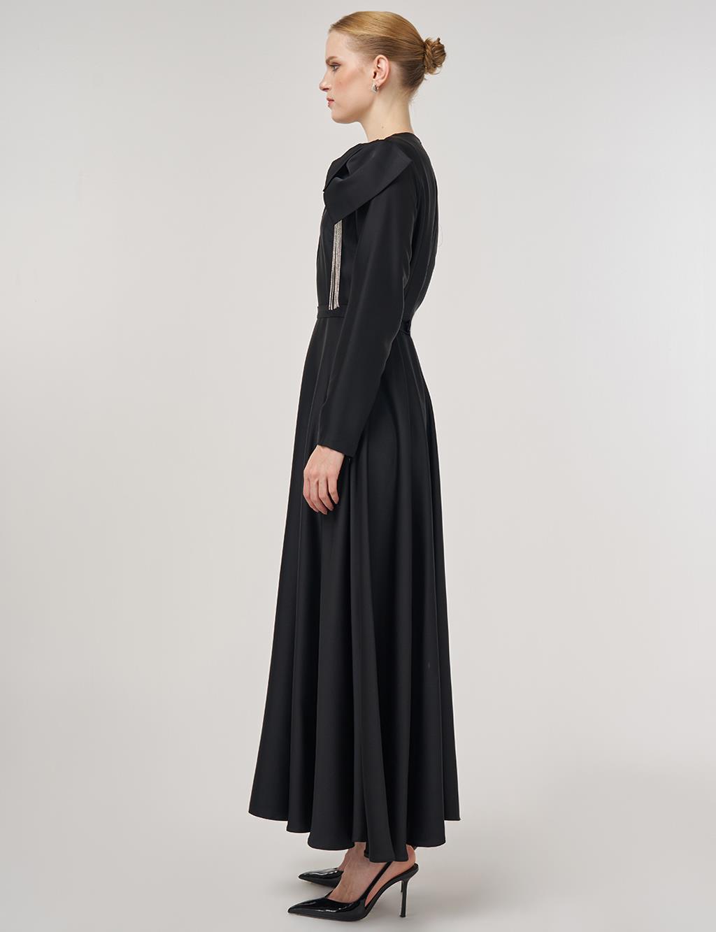 Embroidered Satin Dress Black