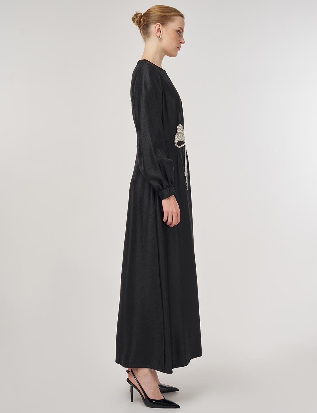 Boncuk İşlemeli Saten Şık Elbise Siyah