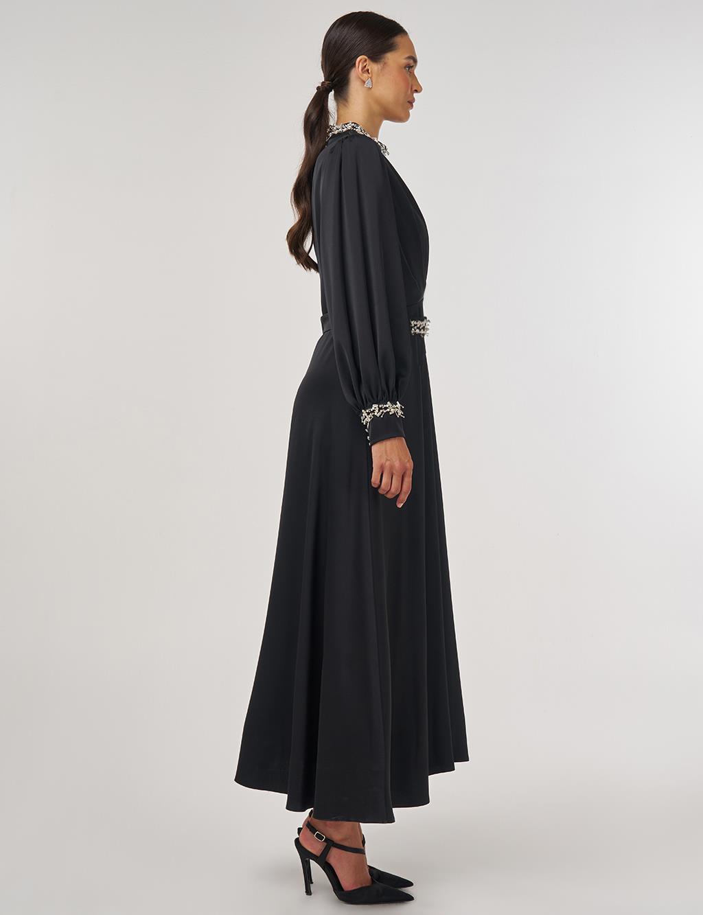 Draped Embroidered Satin Dress Black