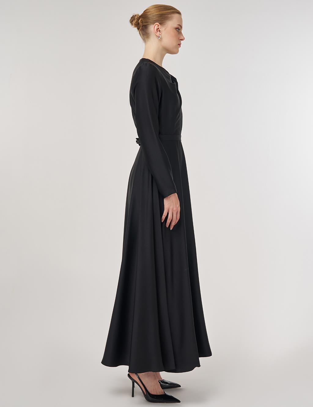 Embroidered Satin Dress Black